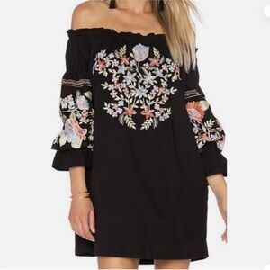 Free People Black Off-Shoulder Floral Embroidered Mini Dress